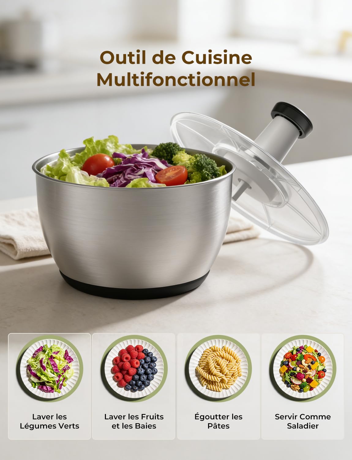 Essoreuse à Salade Acier Inoxydable, 6L Grande Capacité Essoreuse Salade avec Saladier et Base Antidérapante, sans BPA, Lave et sèche Rapidement Les légumes et Les Fruits