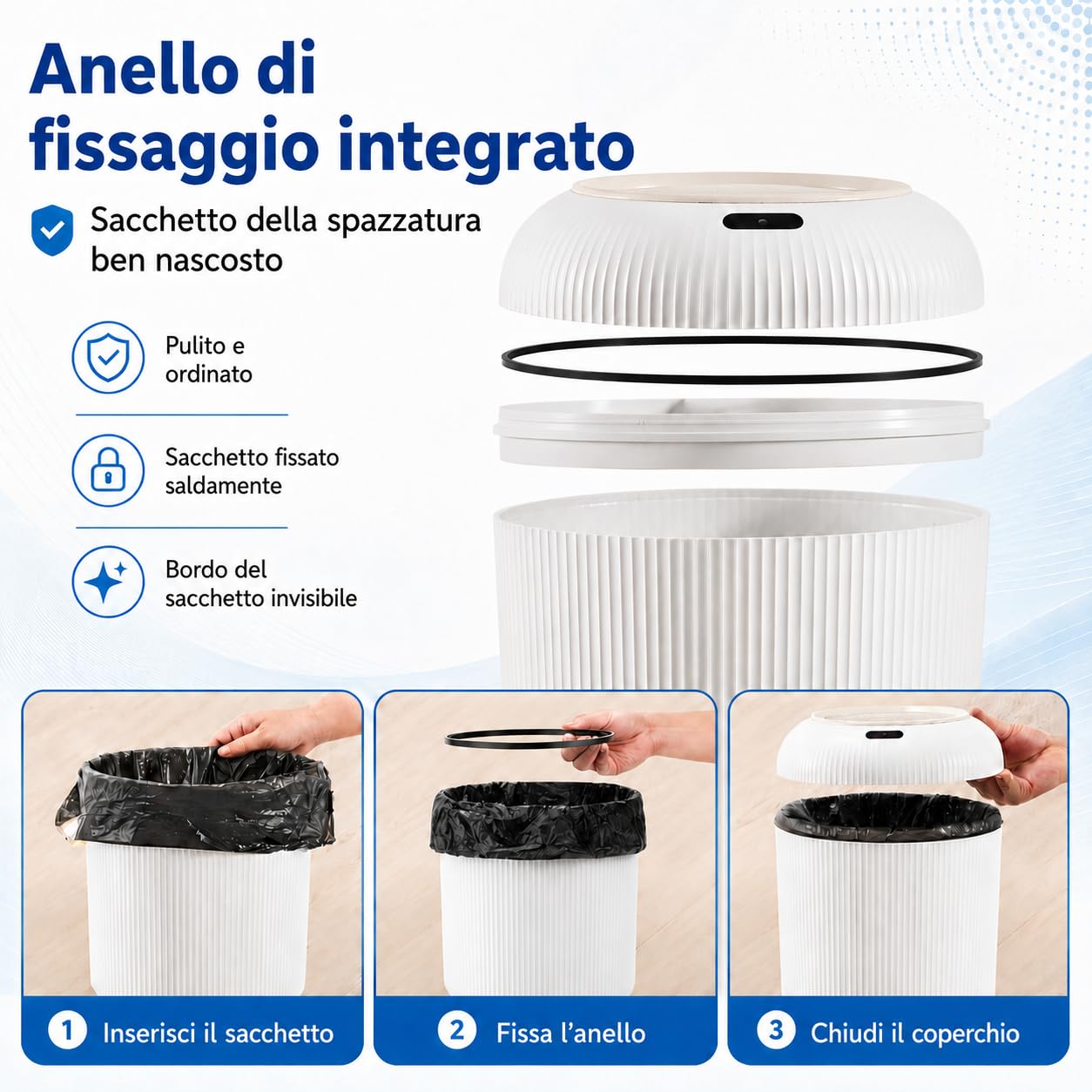 Pattumiera 10L per Bagno e Camera - Automatica con Sensore Intelligente, Design Sottile Bianco, Anti Odore (Batteria 180 Giorni) (10L)
