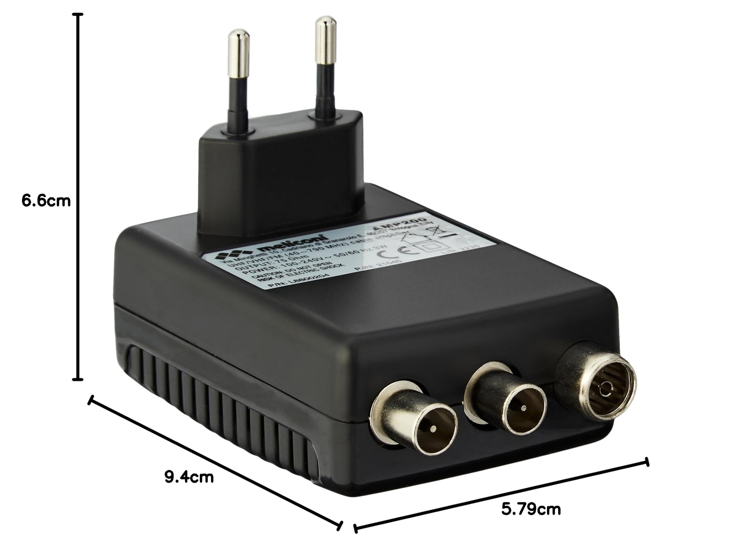 Meliconi AMP200, Amplificatore Segnale Digitale Antenna TV, a 2 Vie, Alimentazione Diretta 230 Vac / 50 Hz 3W, Gamma di frequenza 40 – 790 MHz, 1 ingresso / 2 uscite 75 Ohm, fino a 20 dB