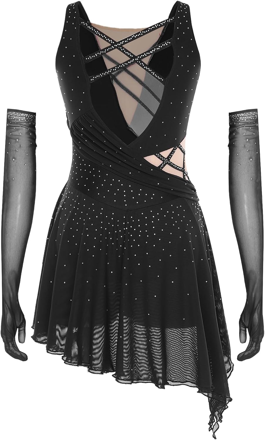FEESHOW Women Figure Skating Dress with Gloves | Shiny Rhinestone, Sleeveless, Asymmetric Flowy Tulle Skirt, Built-in Briefs, Lyrical Dance Dress, Ballet Dancewear