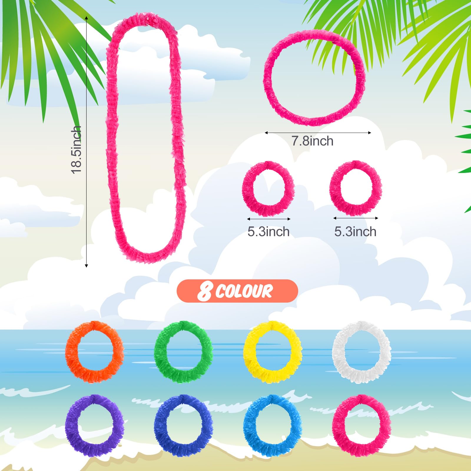 Giegxin 140 Pcs Hawaiian Leis Bulk Tropical Luau Party Supplies, 80 Hawaiian Plastic Leis Necklace 20 Headbands 20 Pairs Wristbands for Adults Summer Beach Pool Birthday Party Favors, 8 Colors
