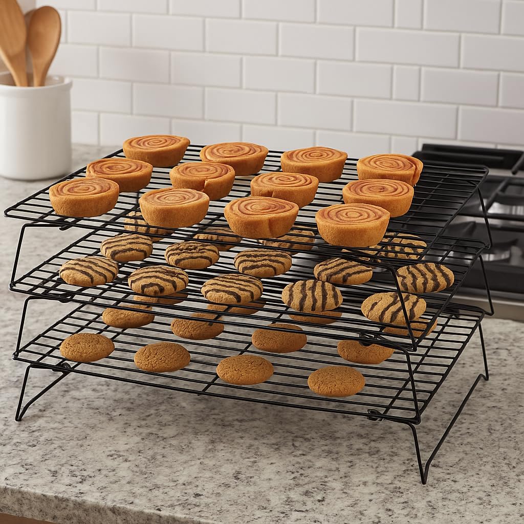 3 Tier Stackable Cooling Rack for Baking – 15.75" x 10" Carbon Steel Wire Cookie Cooling Racks, Multi-Level Stackable Cookie Rack for Cakes, Pastries & Fruit – Collapsible & Dishwasher Safe
