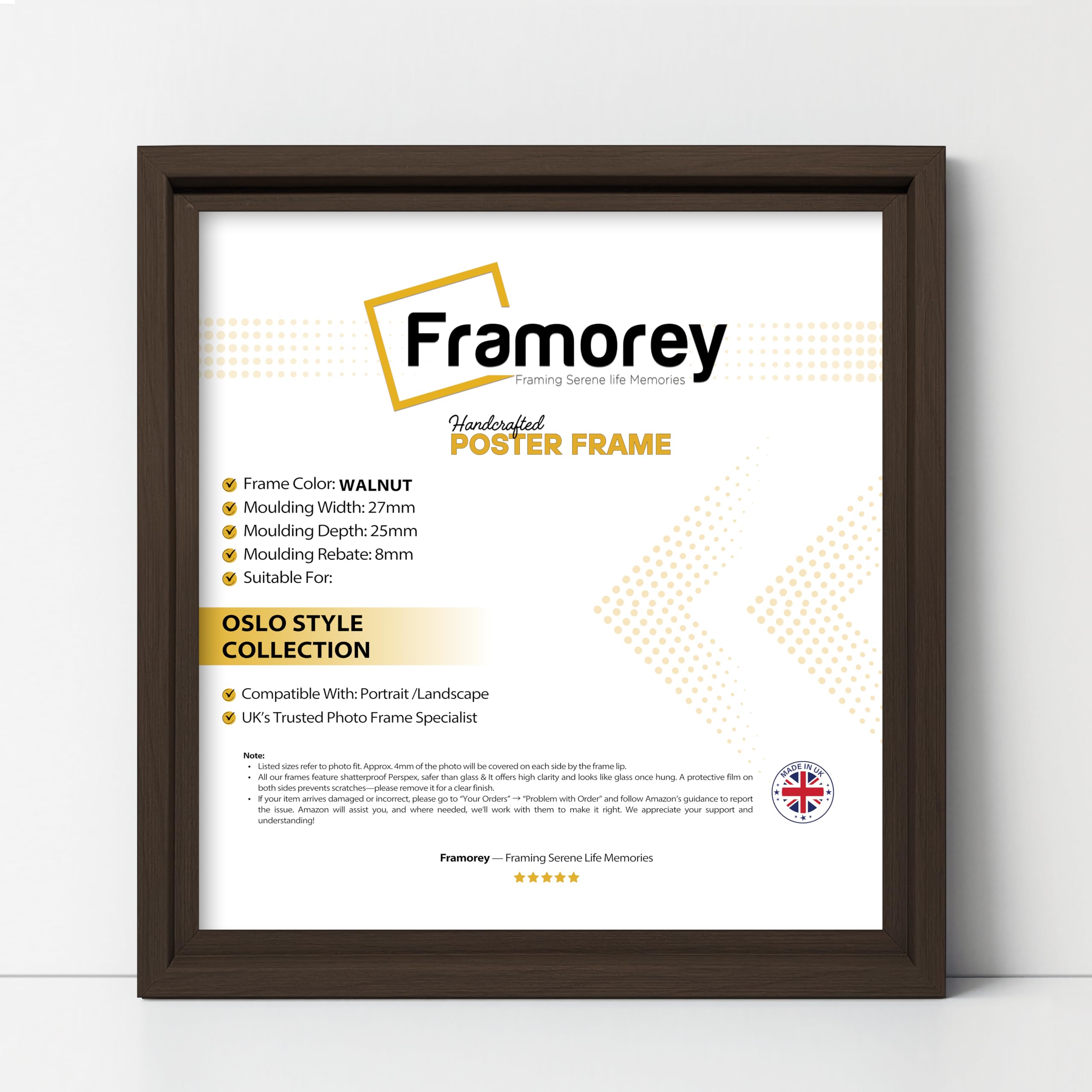FRAMOREY Square Size Picture Frame, 5x5 Inch Size Walnut Photo Frame, Oslo Style Poster Frame, With a High Clarity Styrene Shatterproof Perspex Sheet