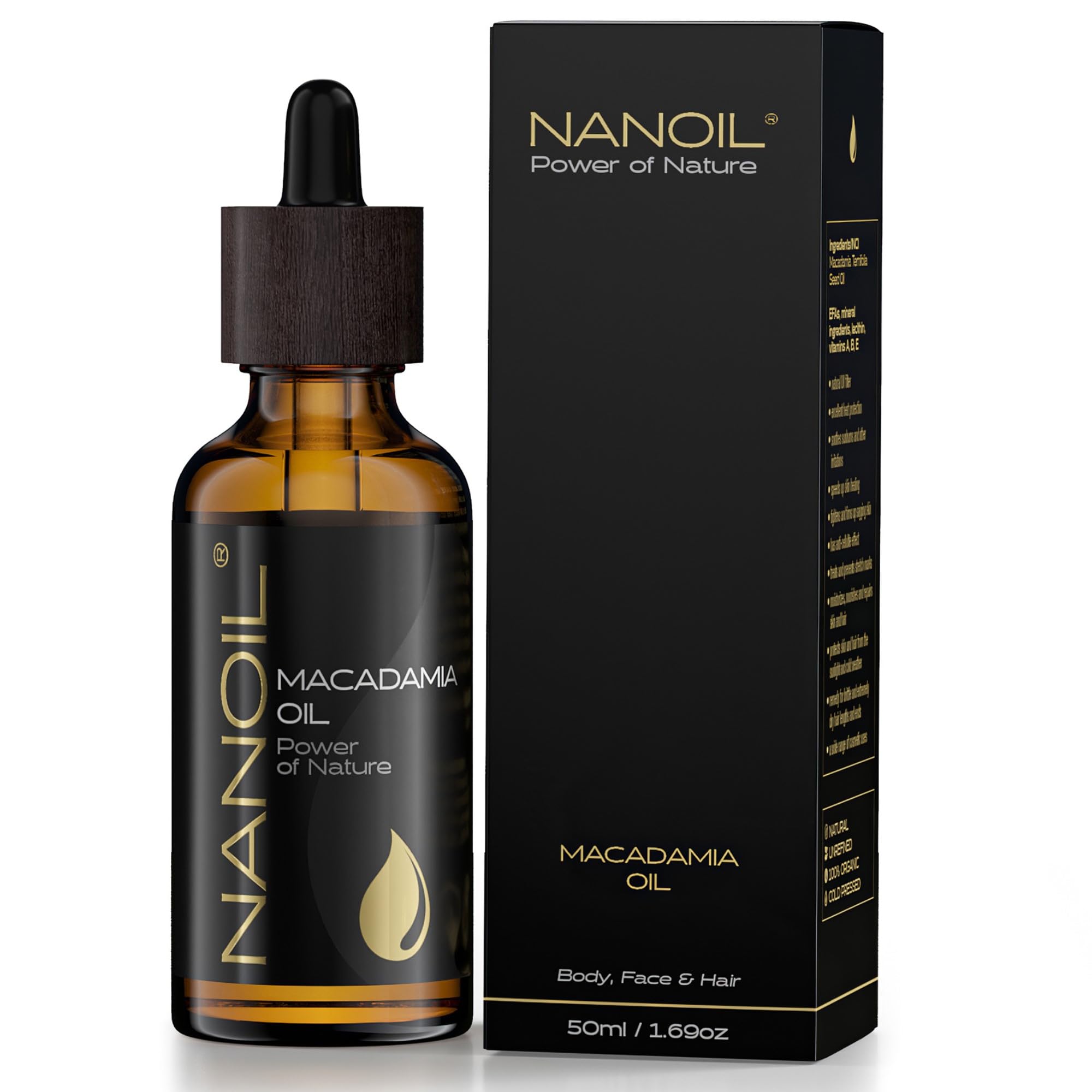 Olejek makadamia Nanoil Macadamia Oil 50 ml – naturalny, zimnotłoczony i nierafinowany olejek do pielęgnacji włosów, ciała i twarzy, odżywienie, ochrona i wzmocnienie