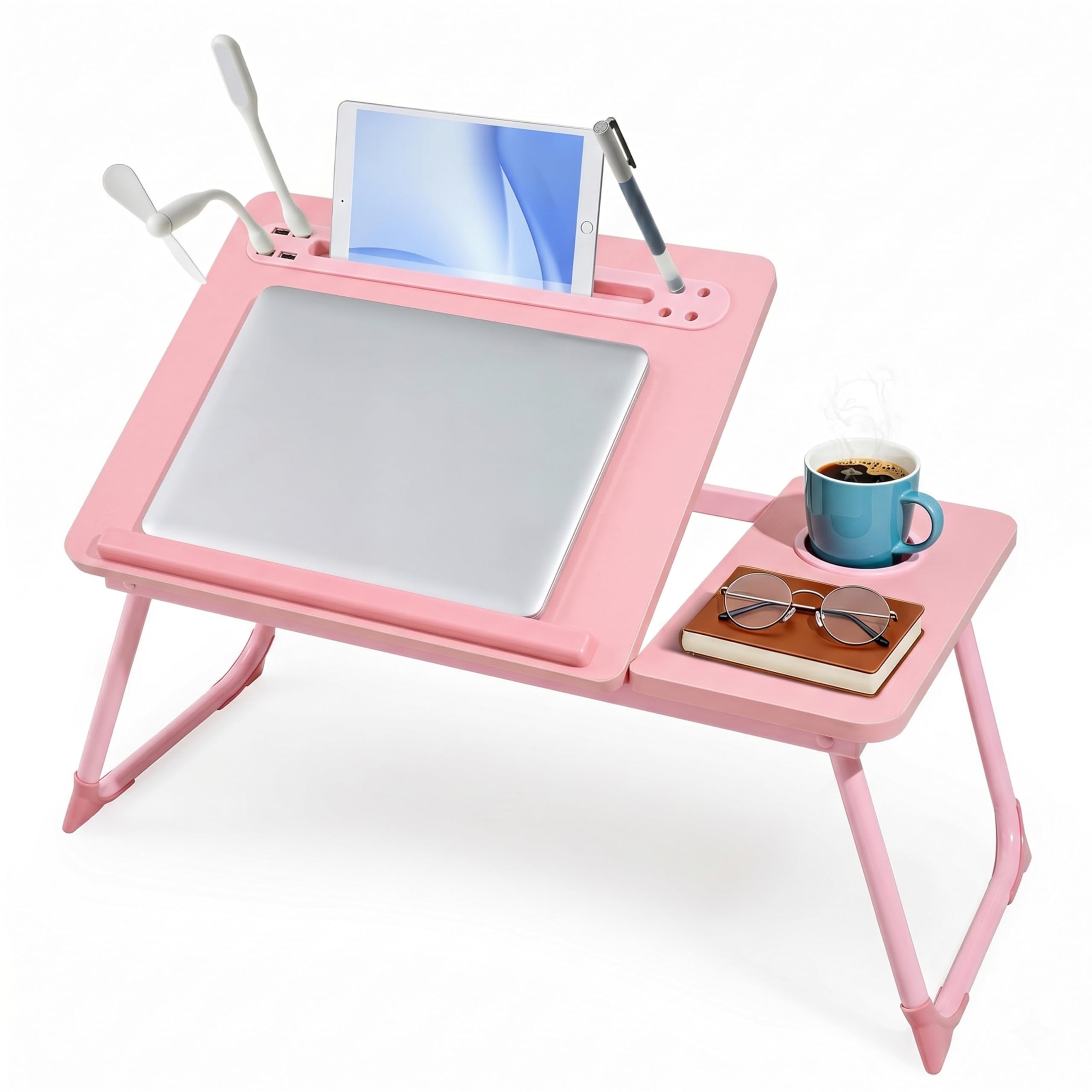 Warmiehomy Laptop Table with USB Ports, Adjustable Angles Bed Table with Cup Holder&Tablet Slot&Pen Slots, Laptop Desk with Legs on Bed or Sofa for Working/Reading, Pink