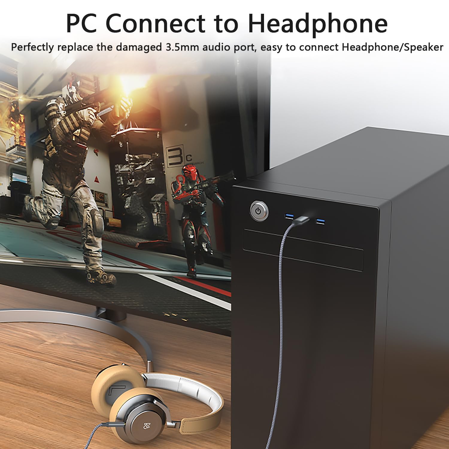 Vcddom Adapter USB na 3,5 mm TRS Audio Jack, przewód USB na 3,5 mm Aux kompatybilny z laptopem PC PS5/4 USB do 3,5 mm Aux Stereo Jack kabel audio do głośnika. Nie działa do ładowania i MP3, TV