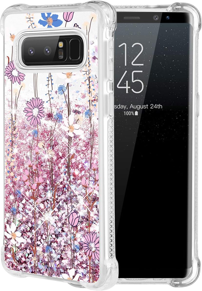 Galaxy Note 8 Case, Caka Galaxy Note 8 Floral Glitter Case Girls Luxury Fashion Bling Flowing Liquid Floating Sparkle Glitter Cute Soft TPU Case for Samsung Galaxy Note 8 (Pink Flower)