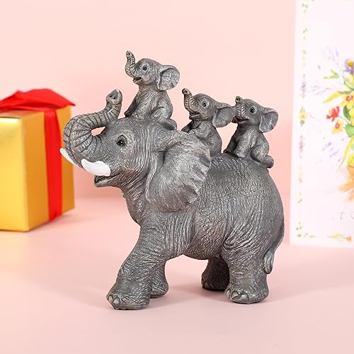 Miniatura 6 de Bonita estatua de elefante gris para decoración del hogar, elefante de buena suerte, lleva tres terneros en su espalda, decoración para estantes,