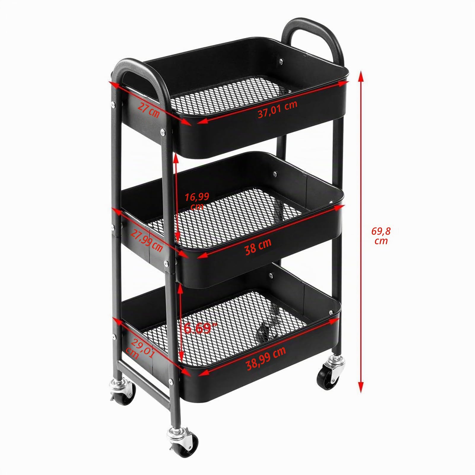 DOEWORKS Carrito Auxiliar con Ruedas Carrito Servicio Metalico Carro de Almacenamiento 3 Niveles Rodante Carro Organizador para Cocina Dormitorio Baño Oficina, Negro