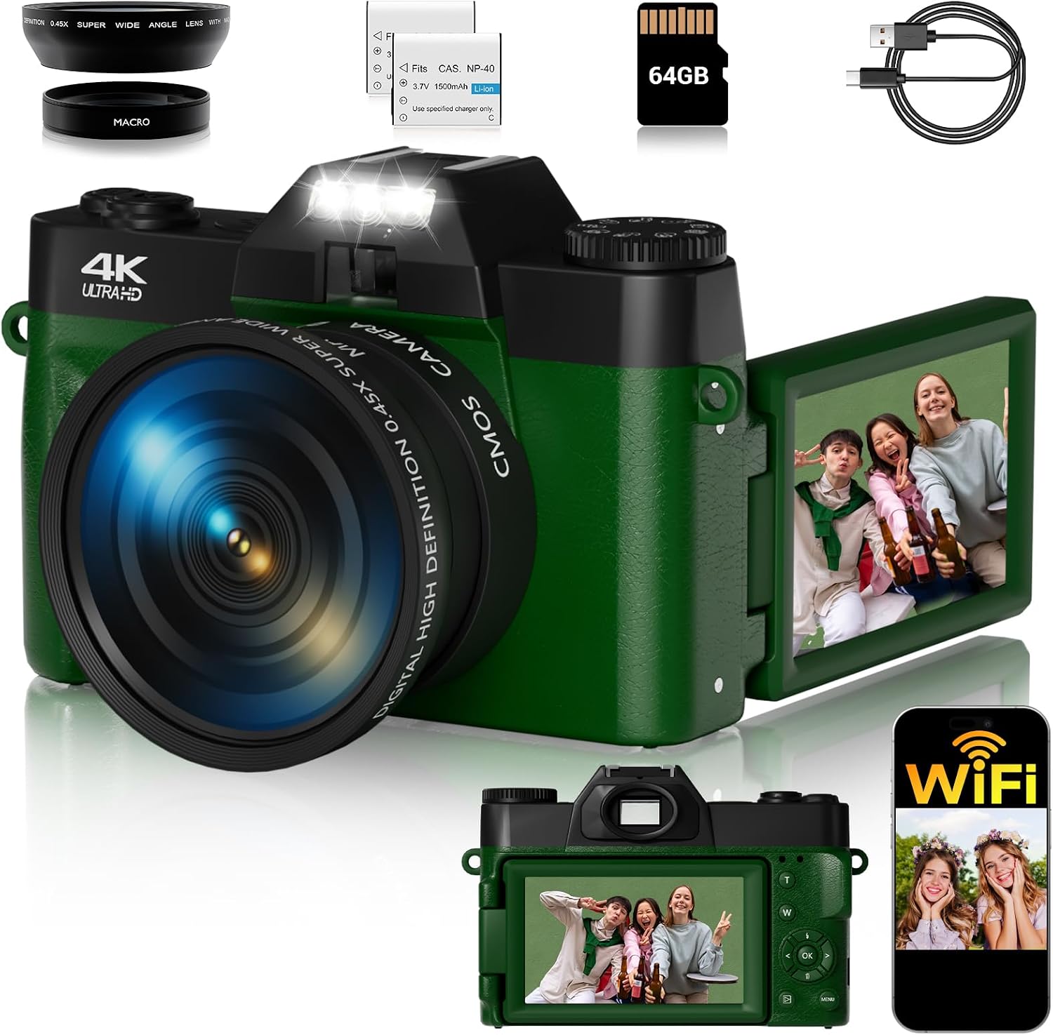75MP Digital Camera,4K WiFi Vlogging Camera with 3.0″ 180° Flip Screen,16X Zoom Autofocus Compact Camera for YouTube Video,Travel Cameras with 2 Batteries, 64GB SD Card(DeepGreen)