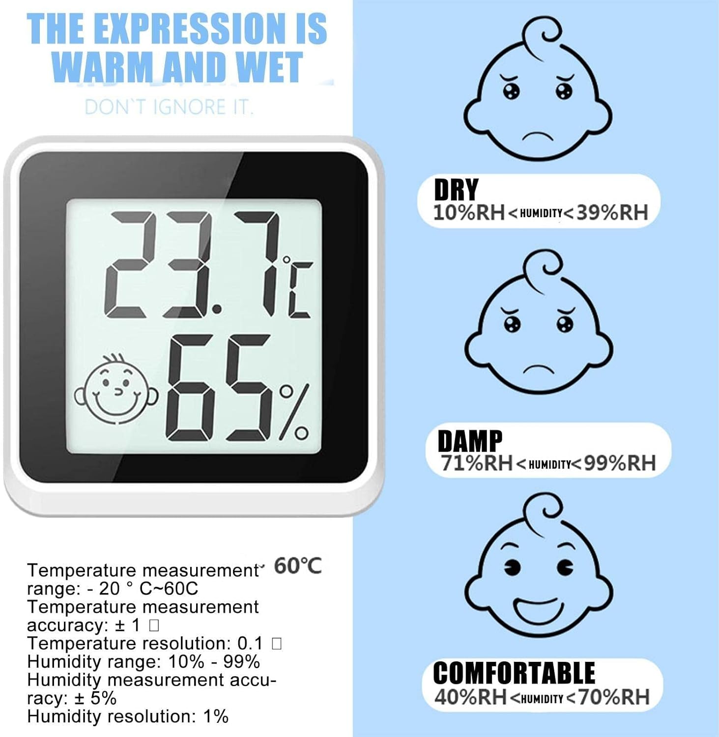 Medidor de humedad de temperatura, termómetro digital LCD electrónico para  exteriores/interiores, higrómetro con reloj monitor de humedad para el