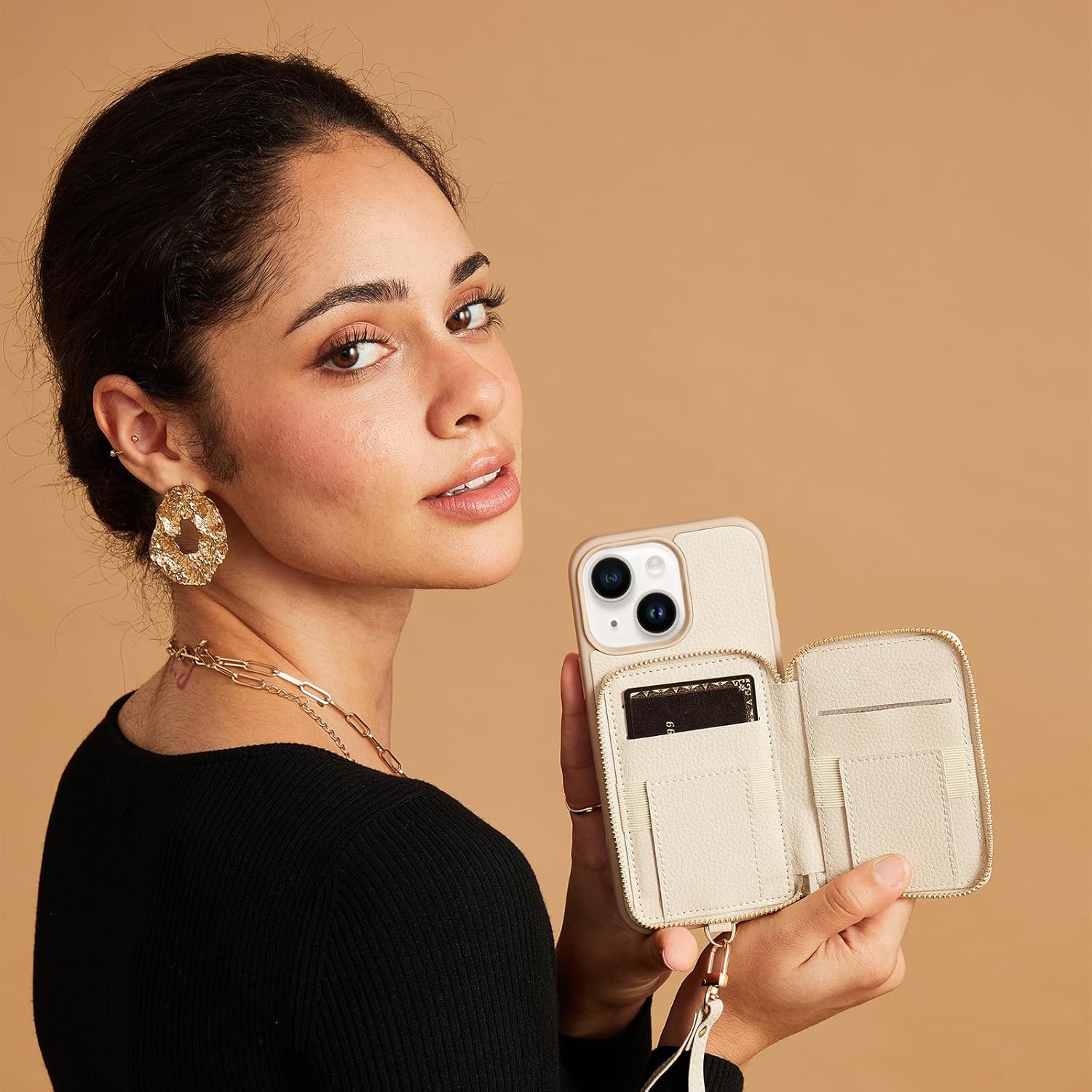 ZVE Wallet Case for iPhone 15, Phone Case with Card Holder Wrist Strap Compatible iPhone 15, RFID Blocking Zipper Leather Gift Cover for Women for iPhone 15, 6.1"(2023) - Beige - Image 3