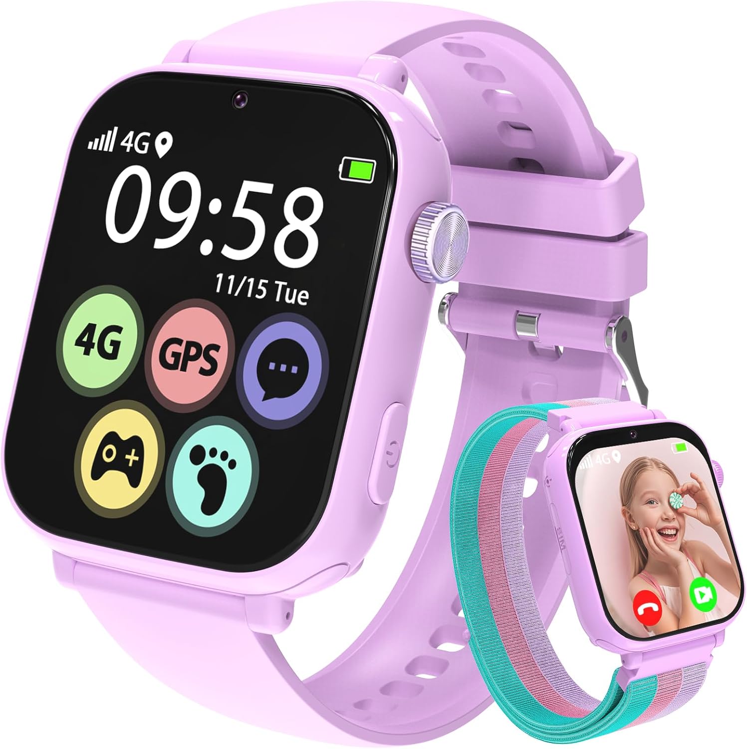 AXYWINBO Kids Smart Watches for Girls Boys 4g GPS Call Text-Smart Watch for Kids Game Camera Pedometer Alarm Clock Calculator-Kid Watches for Girls Boys 4-12 Age Gifts Purple