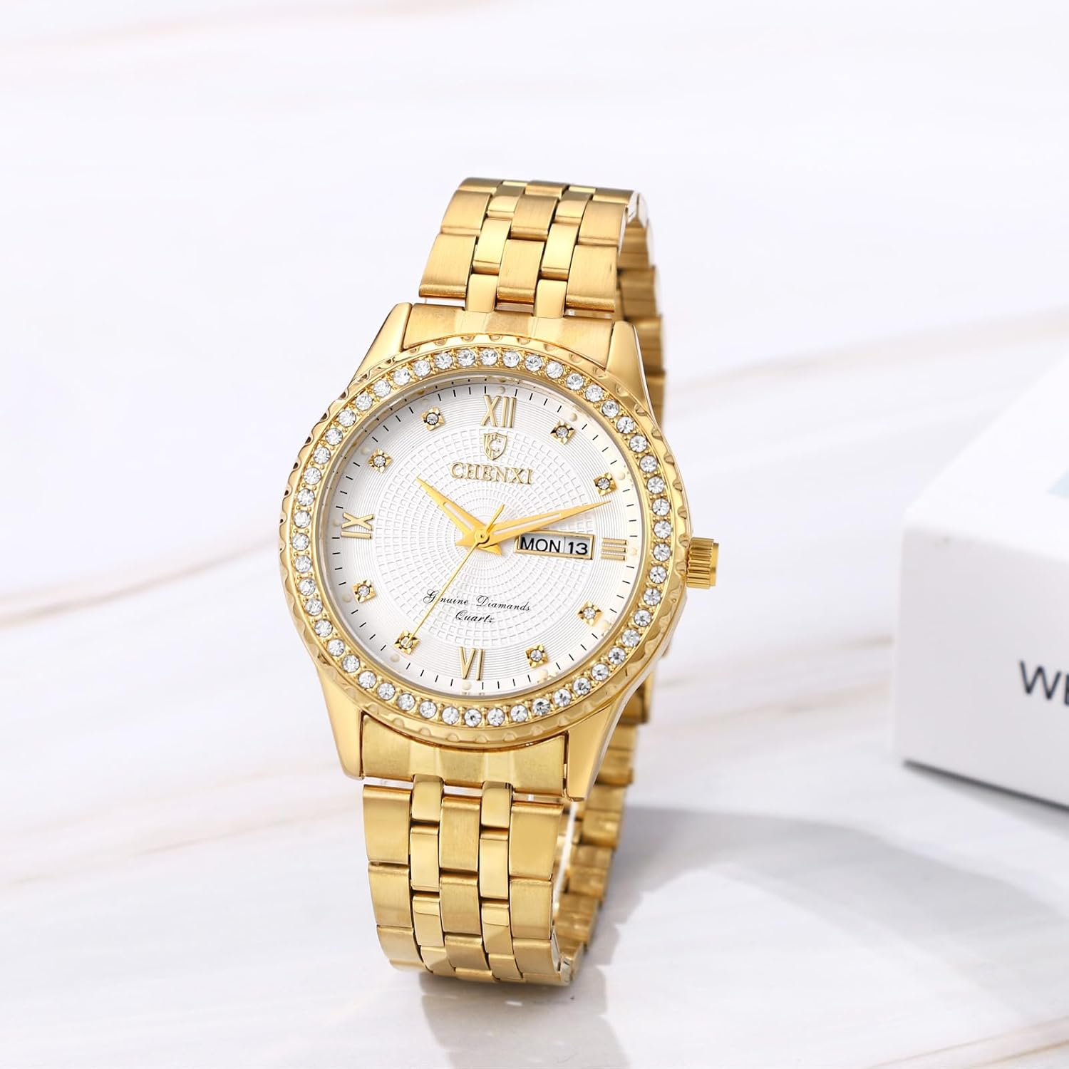 OIDEA Couple Quartz Watches for Men: Luxury Full Rhinestones Diamond Bezel Round Dial Wrist Watch Waterproof Luminous Calendar Week Date Business Dress Watch Valentine's Day Gift