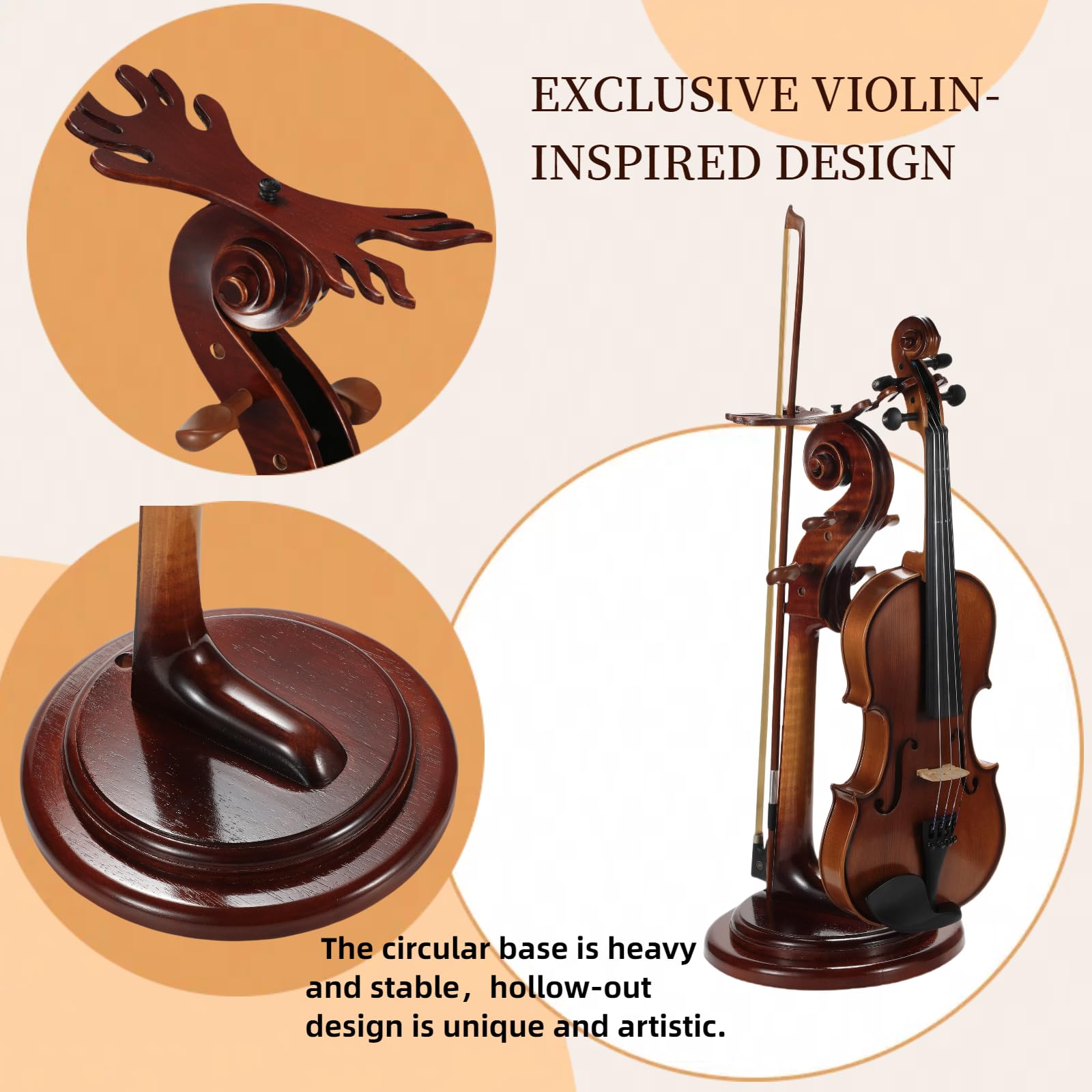 Violinenständer aus Massivholz mit Bogenhalter, keine Montage erforderlich, robustes Display in 4/4-Größe, handgefertigtes Design für Zuhause/Studio/Bühne (rund)