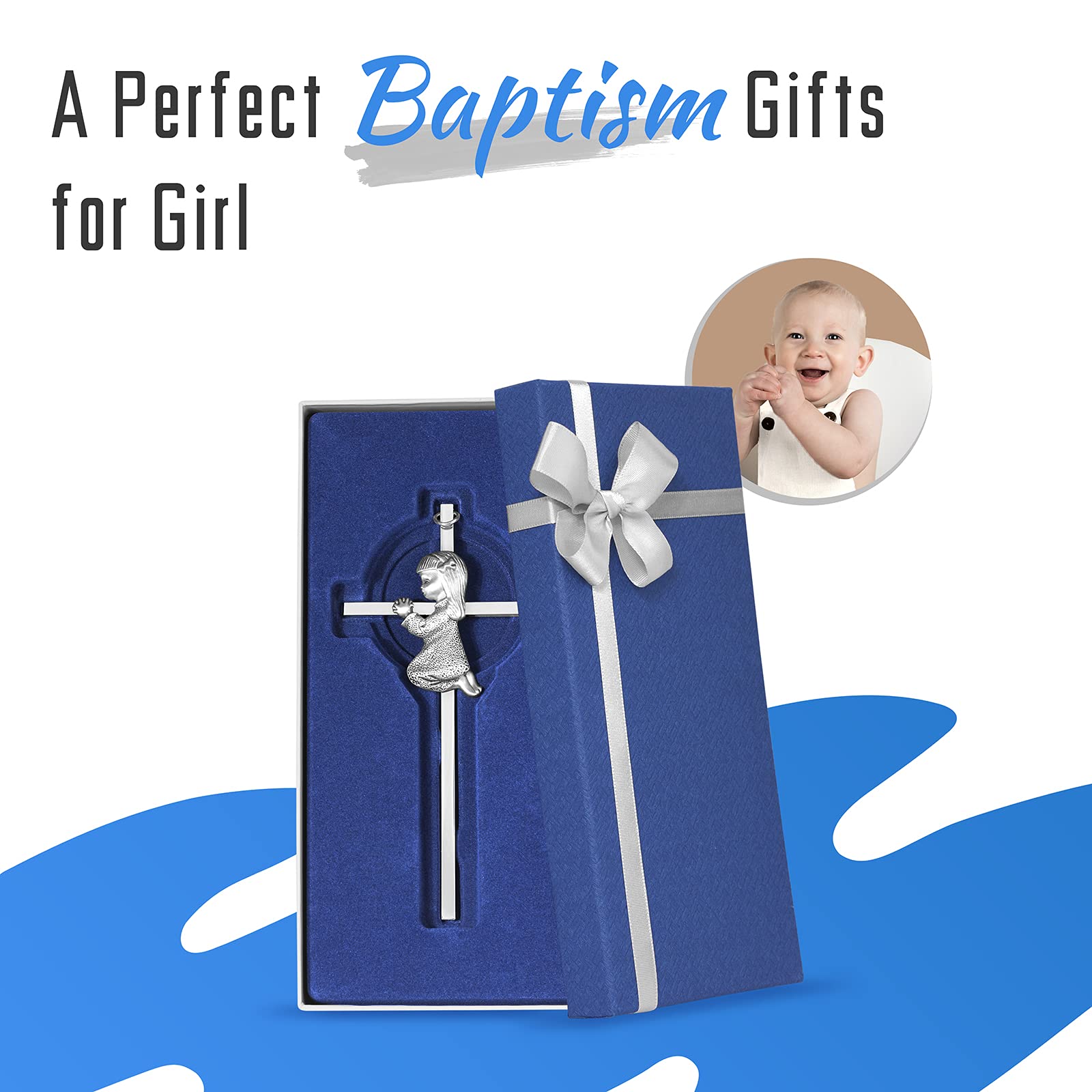 Baby Wall Cross Baptism Gifts for girl, 6-inch Silver Praying Girls Baptism Crosses for First Holy Communion Christening and Dedication Baptismal Gifts from Godparents