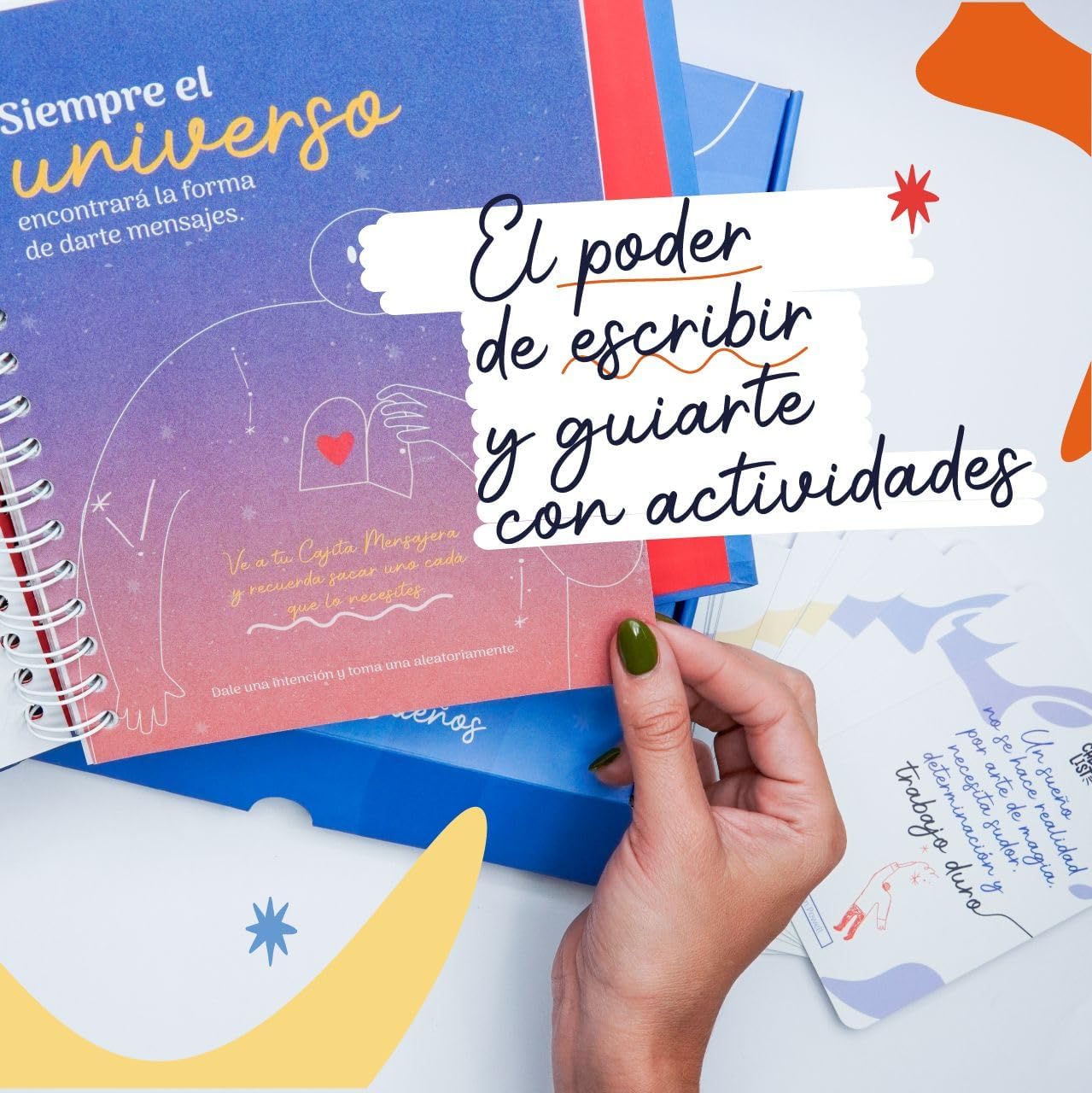 – Explorando el viaje interior con El diario del empoderamiento personal incluye mapa de sueños, hoja con stickers, y 23 tarjetas con frases motivacionales, color azul.
