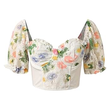トップス rurumu flare ribbon sleeve bustier Women Floral Corset Top Elegant Twinset Lace Panel Top