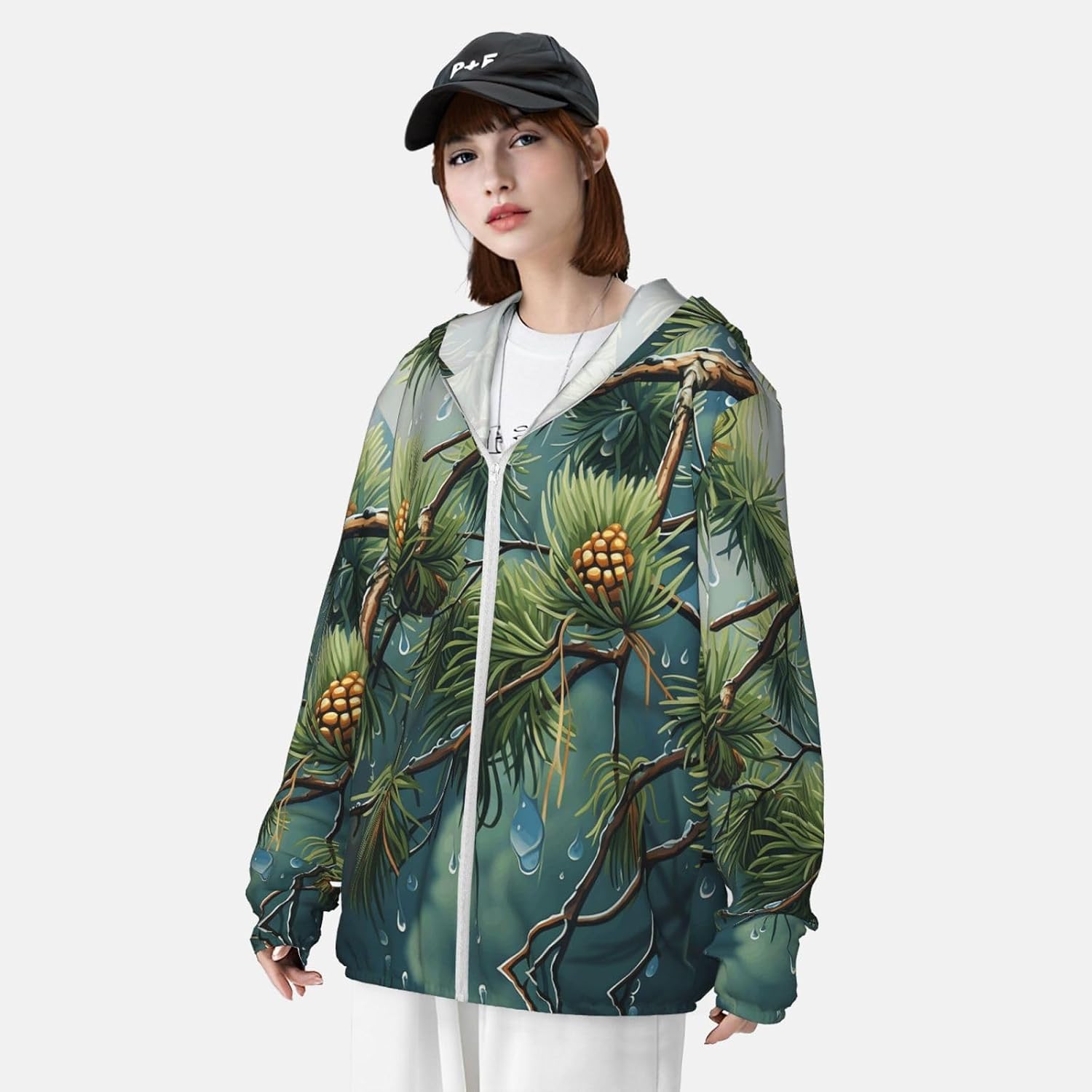Men's UPF 50+ Sun Protection Hoodie Jacket Long Sleeve Fishing Shirts Pine Tree Raindrops Women's Rash Guard