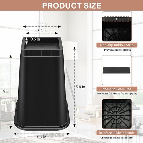 Miniatura 3 de Elevadores de cama resistentes de 4 pulgadas, elevadores de muebles con plástico duradero, elevadores de cama de gran tamaño que soportan hasta