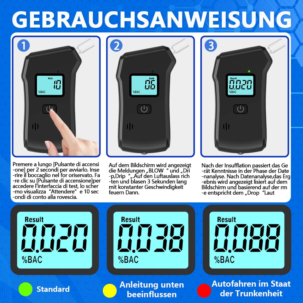 Alkoholtester Professioneller für den Heim und Professionellen,Gebrauch mit 20 Aufsätzen,LCD-Digitalanzeige und Hochempfindlichem Chip für höchste Genauigkeit