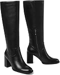 Synchoiss Knee High Boots for Women Chunky Heel Leather Boots Round Toe Wide Calf Boots with Side Zipper Womens Fashion Tall Boots Rubber Sole