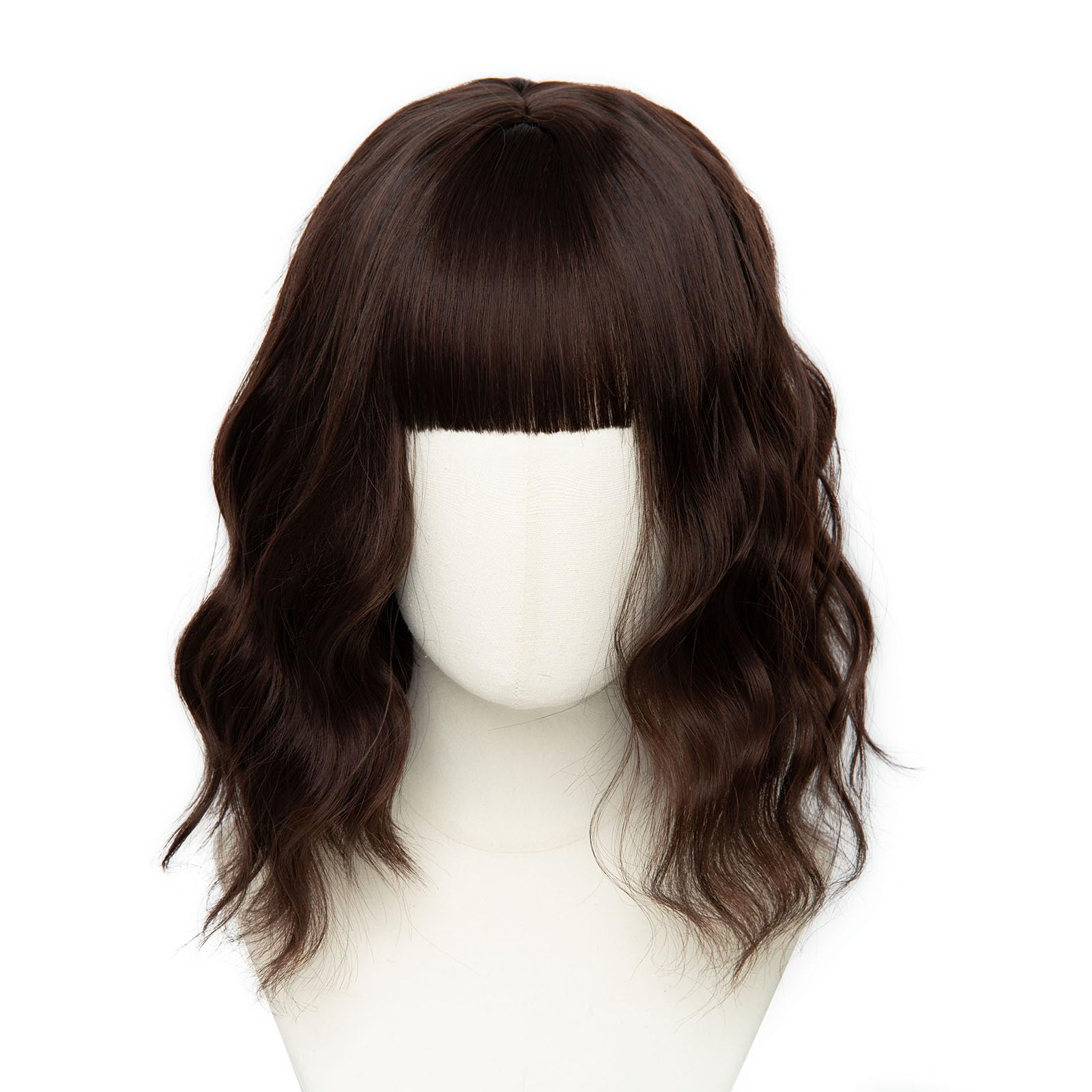 Luxiremi Parrucca di colore castano rosso, 30,5 cm, corte, lunghezza spalla, riccia, ondulata, Bob con frangia, parrucca sintetica per cosplay, per donne e carnevale