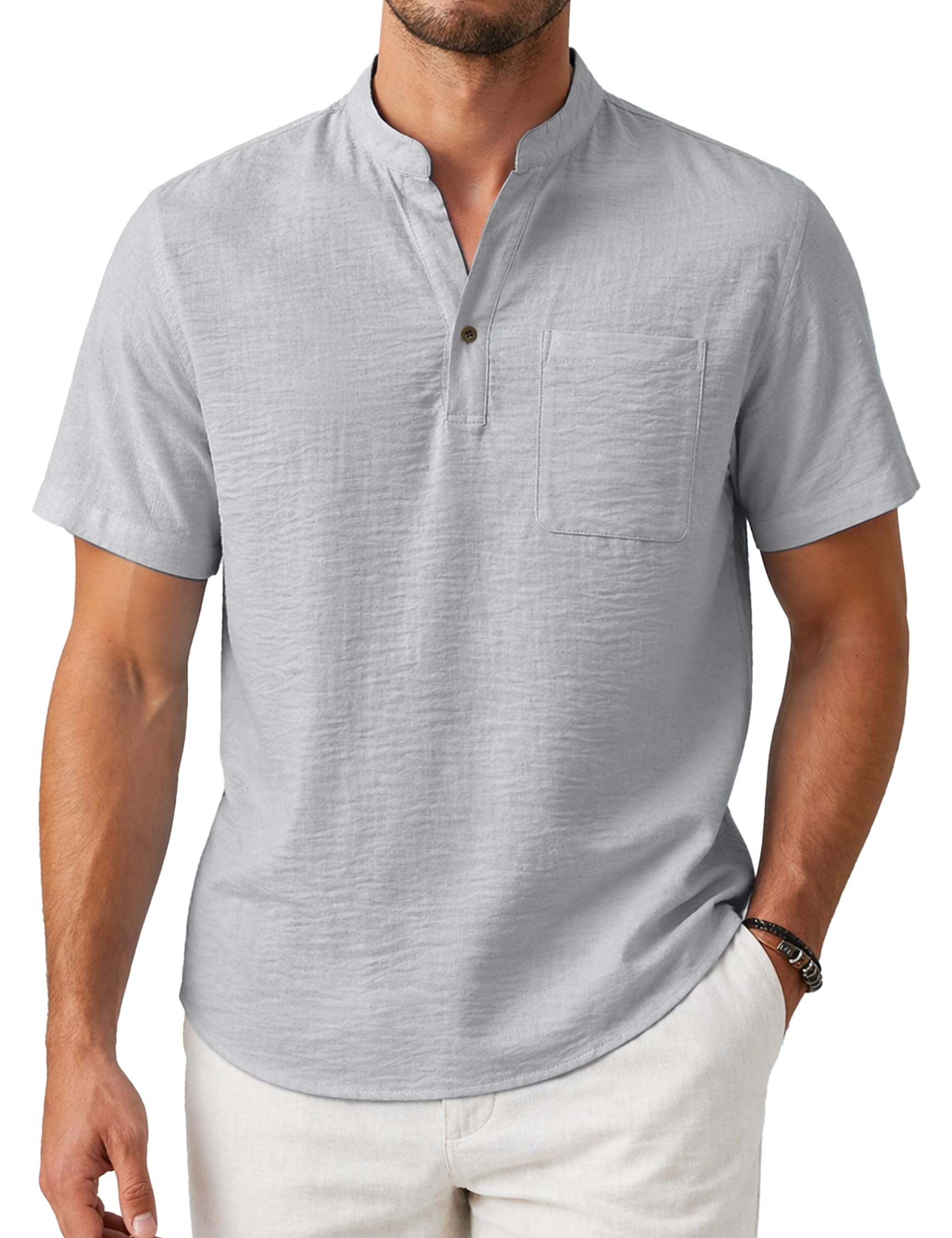 Enlision Camisa Hombre Manga Corta de Lino y Algodón, Camiseta Verano Hombre Cuello Mao Ligera y Transpirable, T Shirt Casual para Playa Vacaciones con Bolsillo, Silueta Holgada Tallas S-4XL
