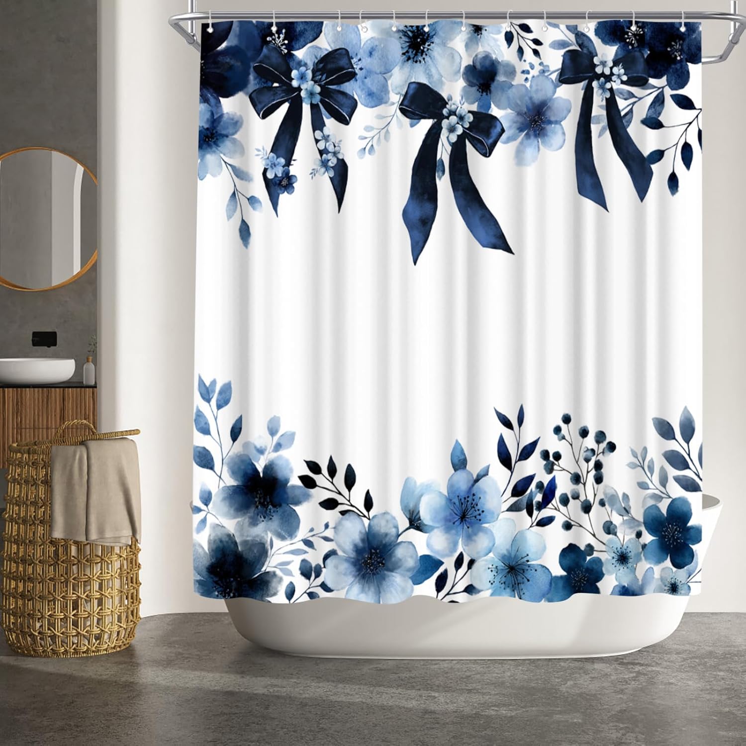 WELMECO Floral Shower Curtain Watercolor Bow Painting Printed Bathroom Decor Polyester Fabric Curtain, 72x72inch with Hooks (Blue)