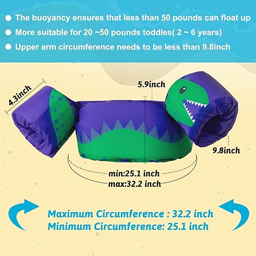 Miniatura 10 de Chaleco de natación para niños pequeños con mangas con correa ajustable de dibujos animados, flotadores de piscina para niños, de 20 a 50 libras,