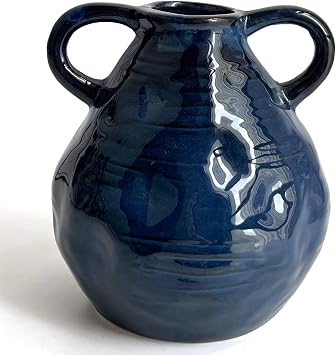LIFFY Blue Ceramic Vase for Flowers, 6.3 Inch Tall Modern Farmhouse Centerpiece with Double Handles, Vintage Rustic Decorative Vases Home Table Decor Navy Blue