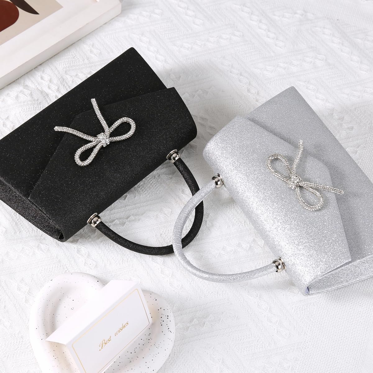 Dreubea Women's Tote Fashion Bowknot Rhinestone Evening Bag Beautiful Shiny Clutch Handbag - Image 4