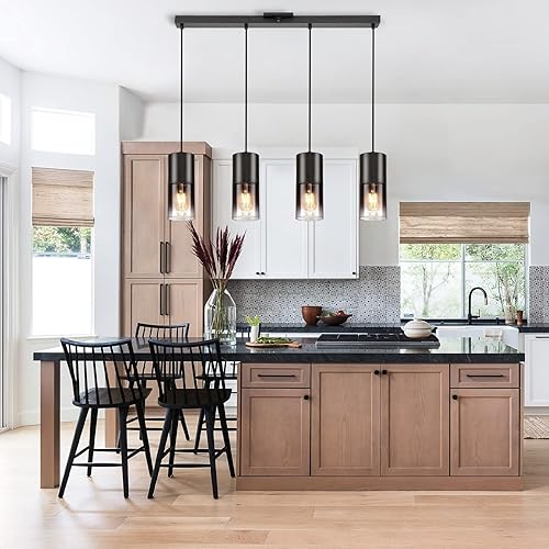 Miniatura 7 de Lámpara colgante de isla de cocina negra, lámpara colgante de cristal negro industrial, 3 bombillas E26, lámparas de araña con cable ajustable de 59