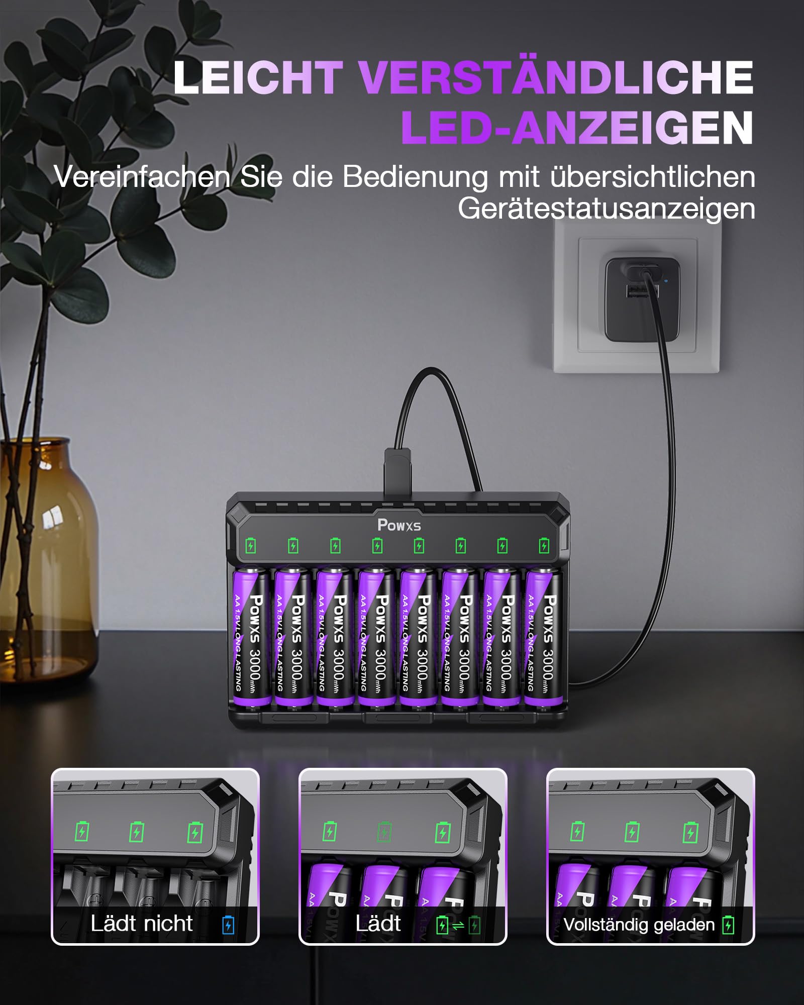 POWXS 1.5V Lithium Akku AA 8-Pack 2000 Zyklen & Stahlgehäuse, 3000mWh,mit USB Schnelladegerät, Kompatibel AA/AAA für Spielgeräte & Blink-Kameras