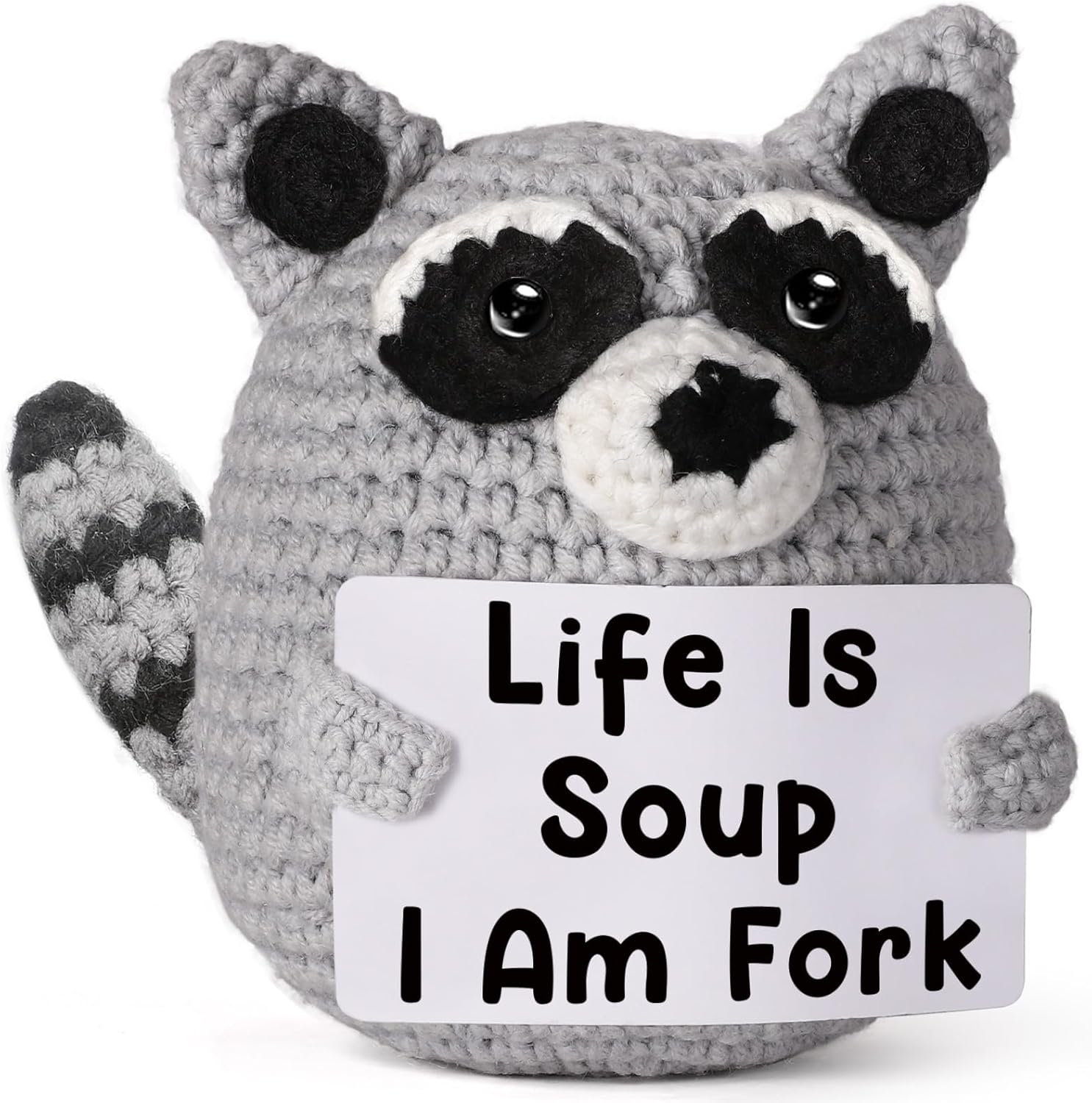 Funny Raccoon Gift, Tiny Hilarious Handmade Crochet Trash Panda, Emotional Support Plush Animal, Gag Gift for Men, Women, Friend, Coworker, Bestie, Present for Birthday, Christmas, White Elephant