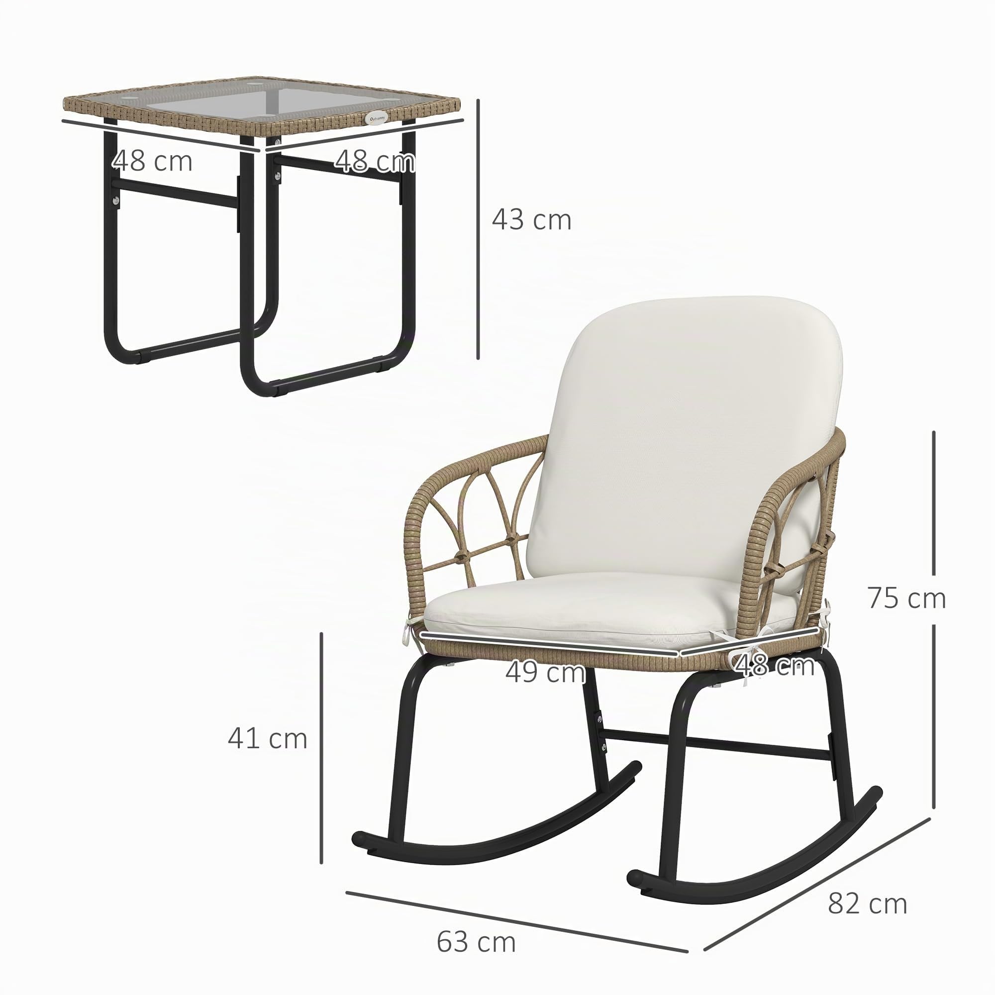 Outsunny Conjunto de Muebles de Ratán de 3 Piezas Conjunto de Mecedoras de Jardín con 1 Mesa de Centro 2 Mecedoras y Cojines para Jardín Terraza Patio Crema y Beige