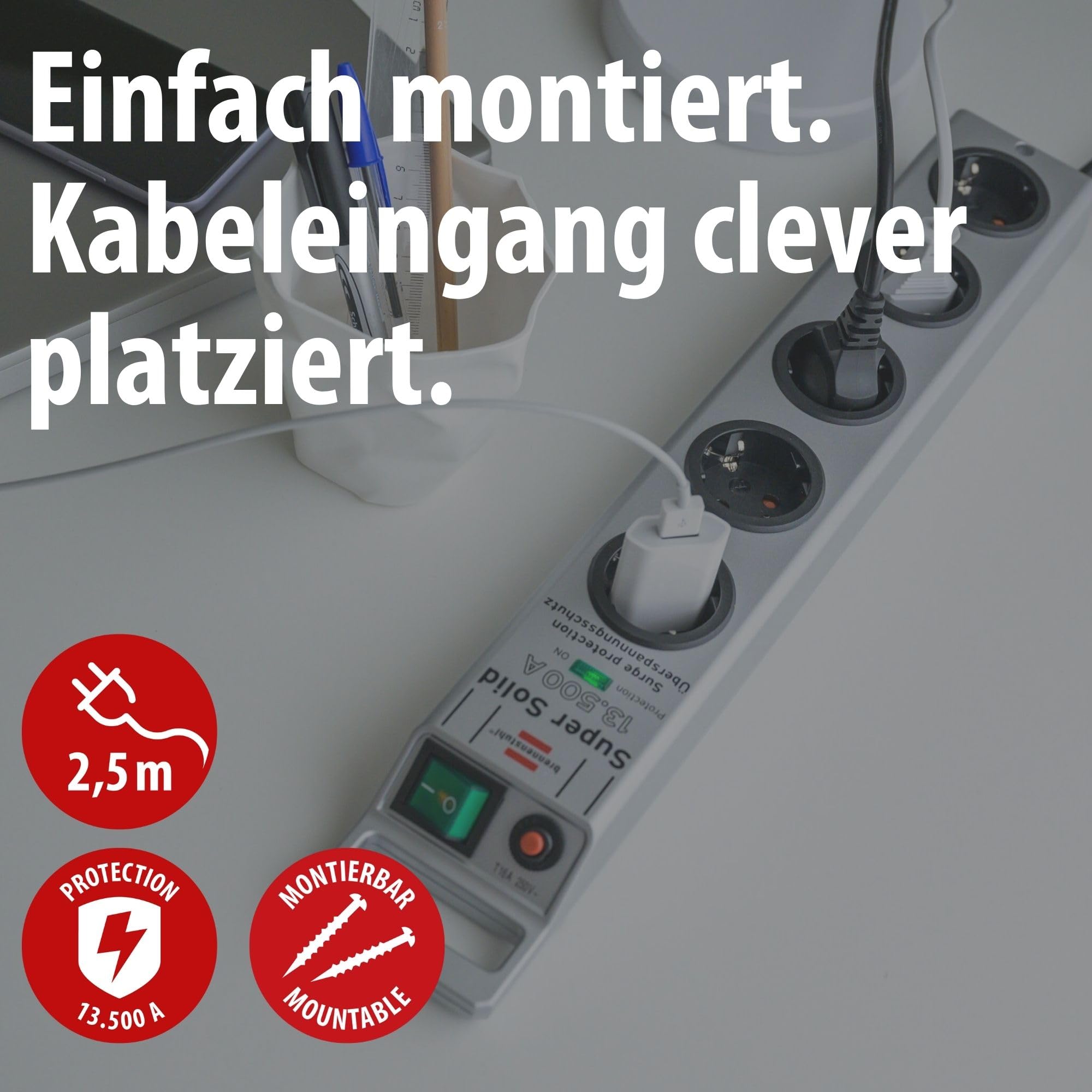 Brennenstuhl Super-Solid regleta de 5 enchufes con protección contra sobretensiones (regleta eléctrica con Cable de 2,5m e Interruptor - de policarbonato Resistente a la Rotura) Plata