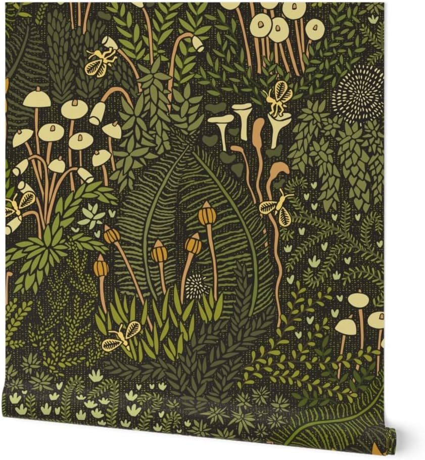 Removable Wallpaper 6ft x 2ft - Whimsical Garden Large Scale Fairy Botanical Moss Olive Green Zen Nature Custom Pre-Pasted Wallpaper by Spoonflower