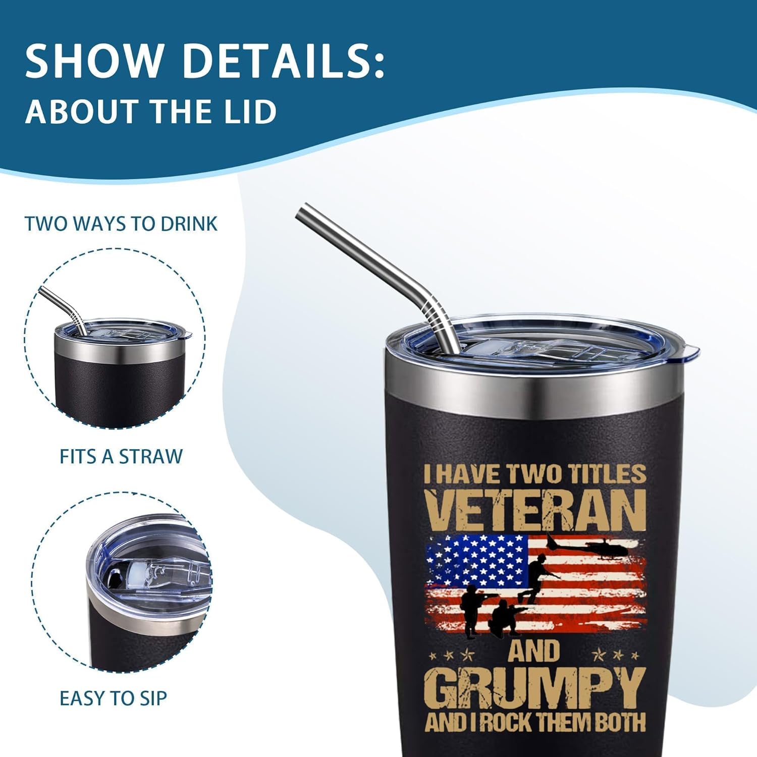 Veteran Tumbler, 20oz Military Insulated Travel Mug with Lid & Straw, Double Wall Stainless Steel Coffee Cup, Funny Veteran Gifts for Men, Grandpa, Dad, Army Retired Birthday Christmas Veterans Day - Image 2