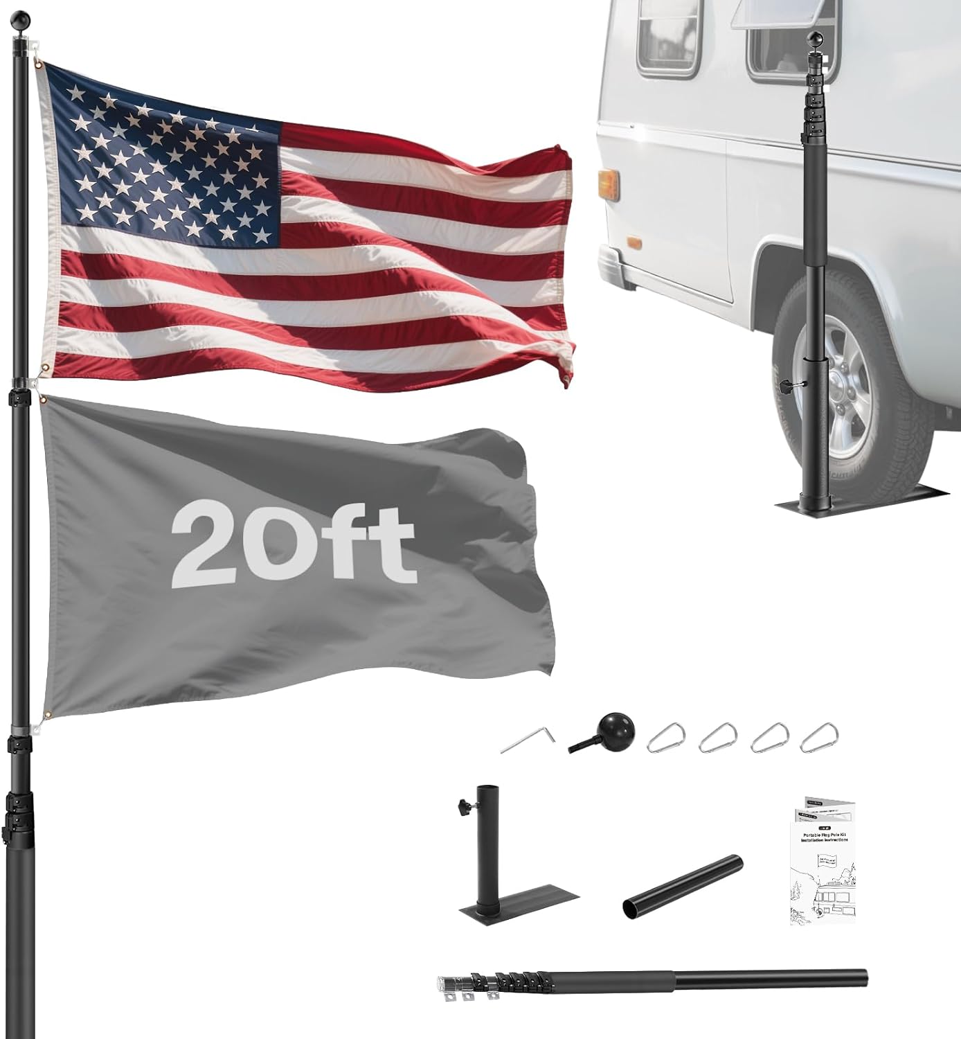 RV Telescoping Flag Pole Kit 20ft, Portable with Tire Mount Base and American US Flag, Black Camper Flag Pole for Trailer Outdoor & Outside House