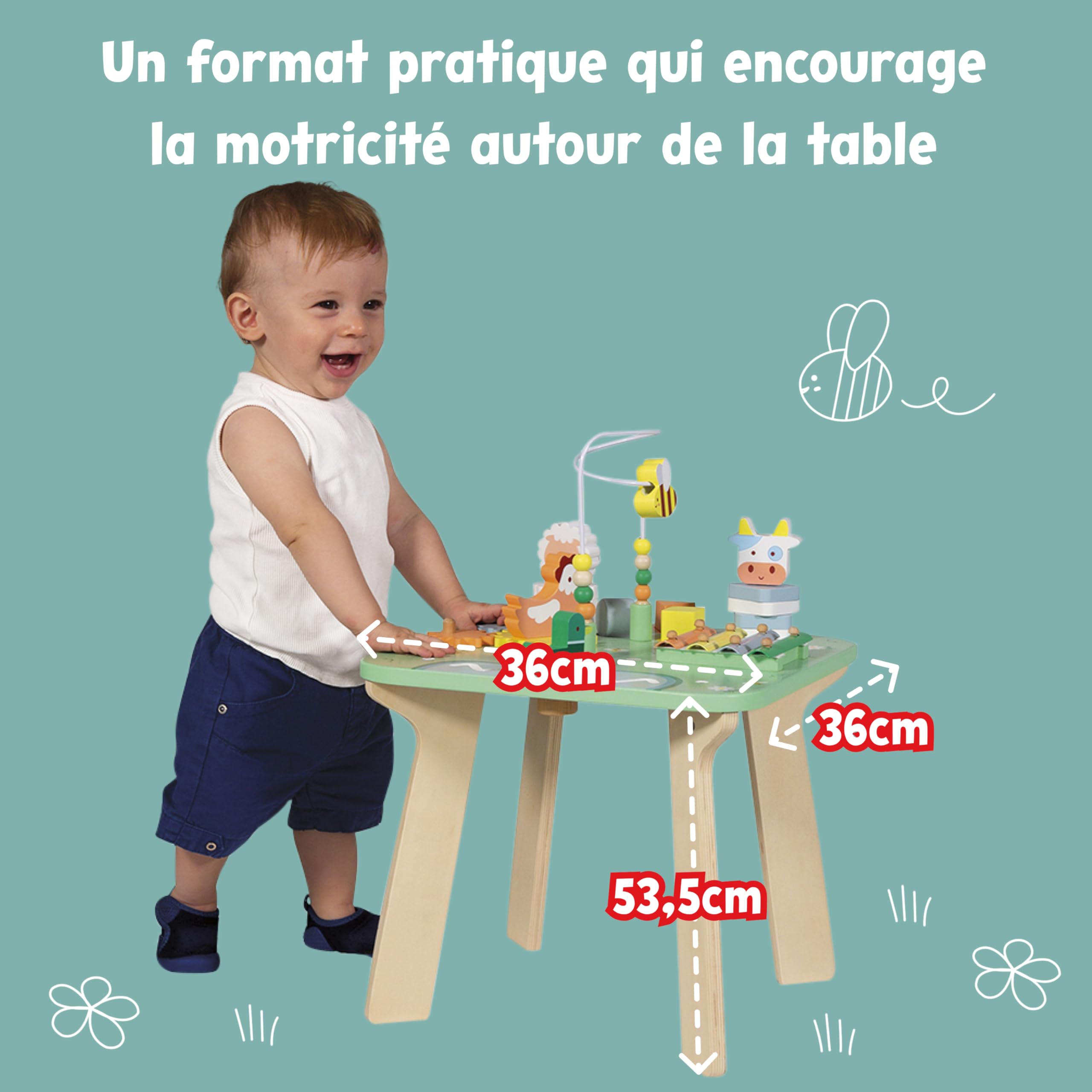 Janod - Table d'éveil bébé 12 Mois et + - Table Activités bébé 1 an pour Motricité Fine - 7 Activités - Jeu Éducatif avec Animaux de la Ferme, Xylophones - Peinture à l'eau - Activité Manuelle Enfant