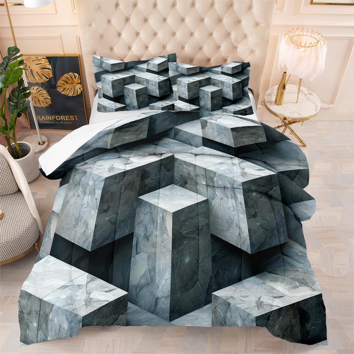 Geometry Comforter Set King Size Grey 3D Geometric Comforter Modern Marble Gray Pattern Soft Breathable Microfiber Cottagecore Bedding Set 3 Pcs for Bedroom Decor