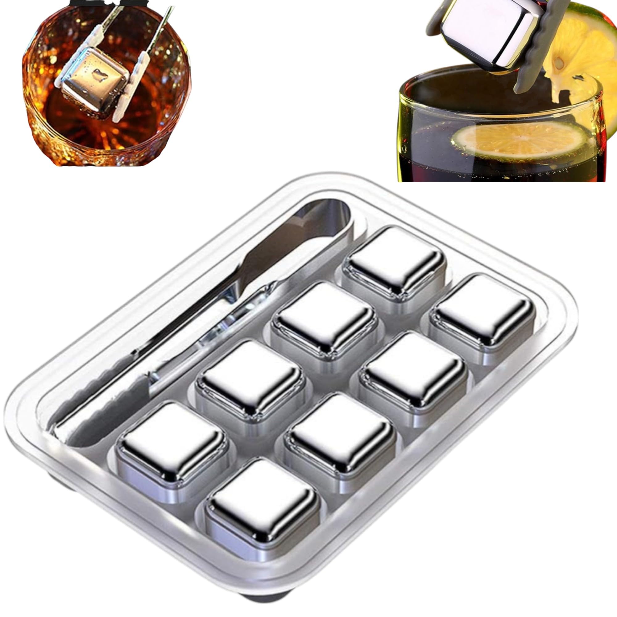 THW® Stainless Steel Pack of 8 Reusable Ice Cubes Chilling Stones with Tong & Freezer Storage Tray for Whiskey, Wine & Soft Drinks