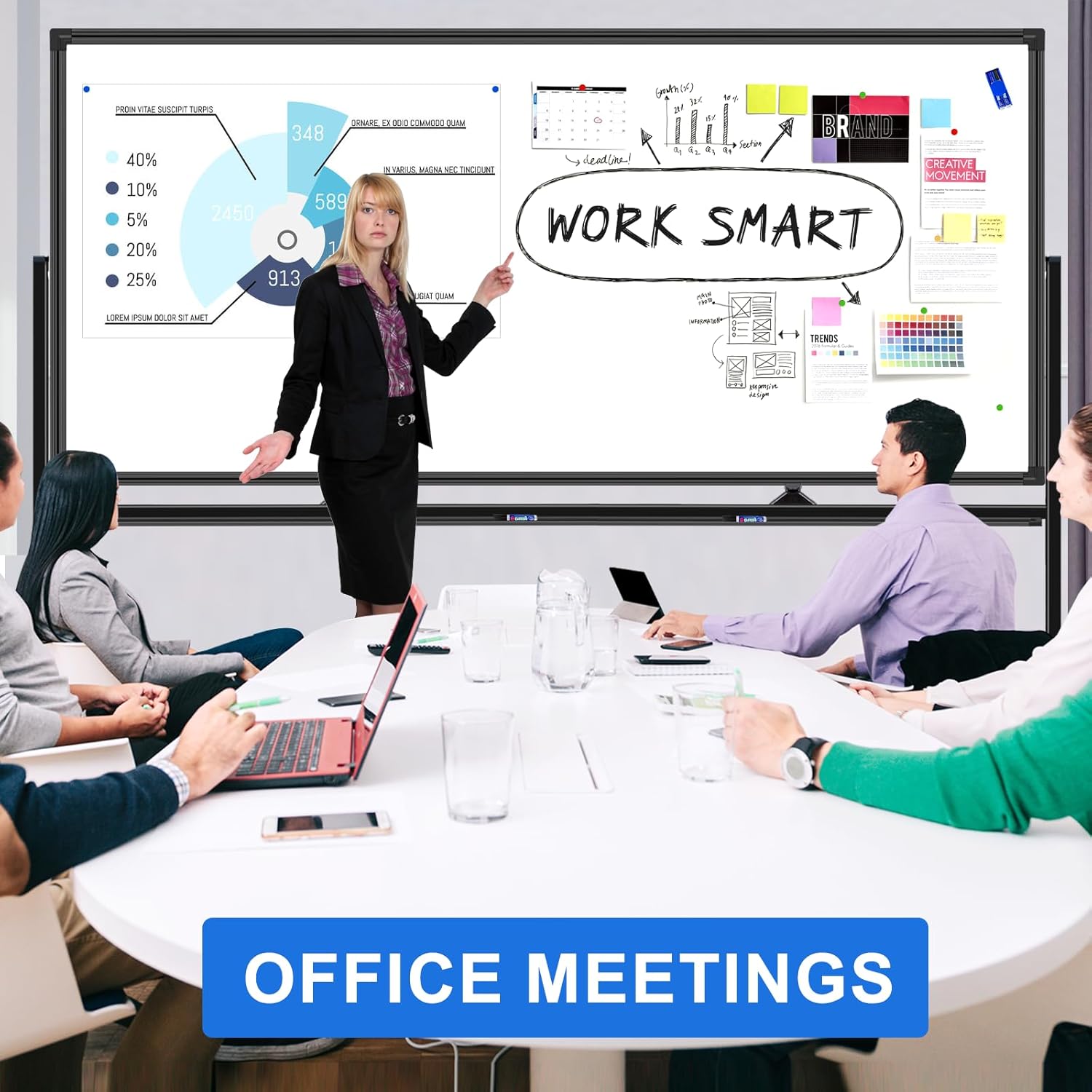 Max-officoo 4'x8' Large Dry Erase White Board with Rolling Stand 96"x48" Double-Sided Mobile Magnetic Whiteboard on Wheels, Including 3 Magnetic Erasers, 7 Markers, 30 Magnets