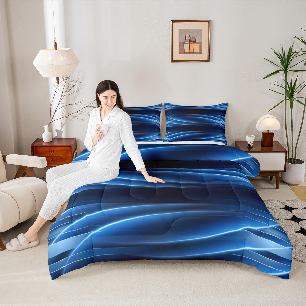 jejeloiu King Size Blue Black Bedding Set Boys Girls Geometric Comforter Set for Kids Women Men Modern Art Comforter Duvet Set Room Decorations Quilt Set