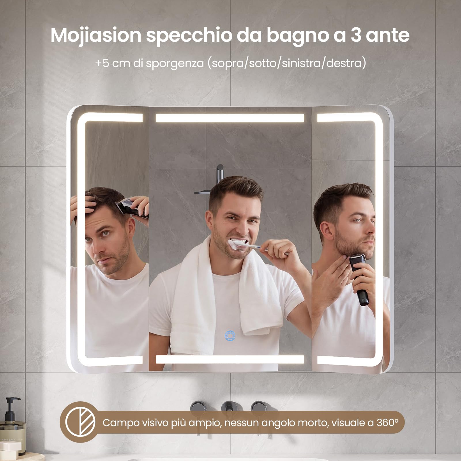 Mobile Bagno Specchio con Luce e Contenitore – Armadietto a Specchio 3 Ante, Larghezza 80 cm – Specchio Bagno LED 3 Colori Dimmerabile – Specchiera Bagno con Ricarica USB+Prese