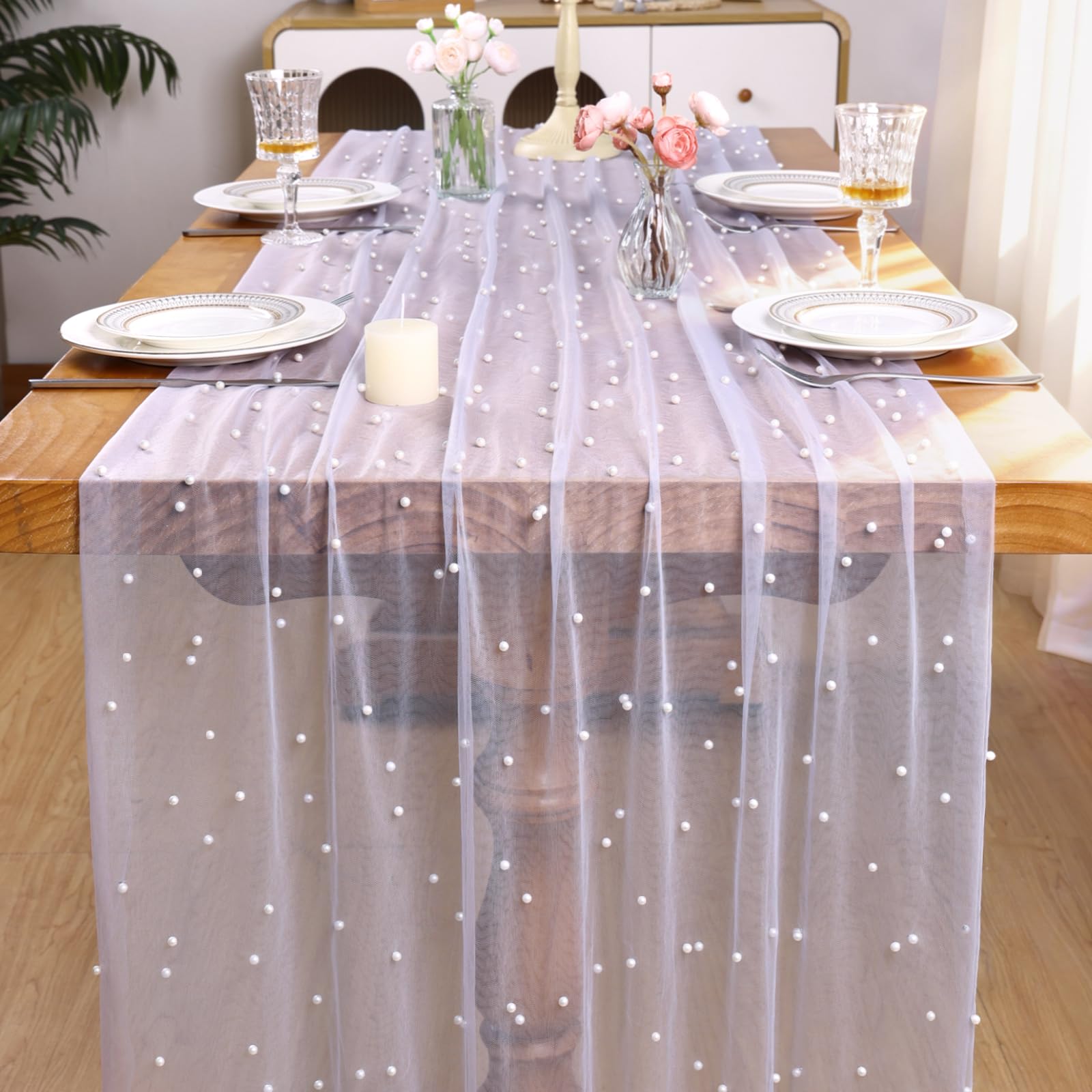 LOMOHOO Table Runner Purple 75x300cm Wedding Table Decoration with Pearl and Tulle, Purple Cheesecloth Tablecloth Sheer Table Cloth Runner Pearl Gauze for Bridal Shower Birthday Party Dining Table