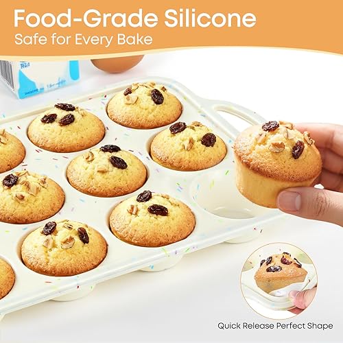 Miniatura 2 de Molde de silicona para magdalenas de 12 tazas, bandeja antiadherente para hornear cupcakes con asas, molde de silicona de grado alimenticio para