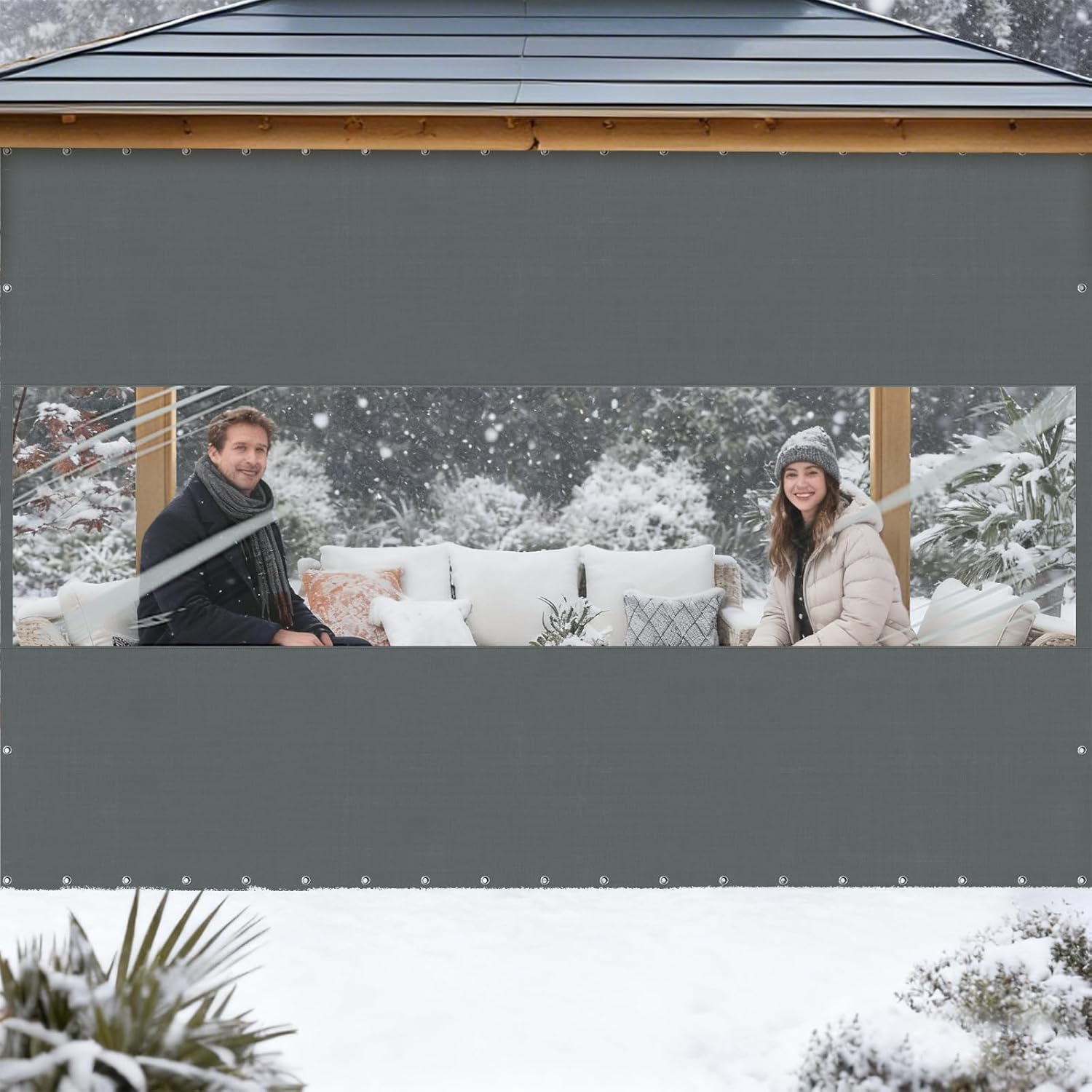 Upgraded Clear Vinyl Outdoor Curtains for Patio Waterproof, Clear Vinyl Patio Enclosure, Heavy Duty Tarp with Grommets, Rope and Zip Ties for Porch, Pergola, Gazebo, Balcony(8'H x 12'W，Gray)