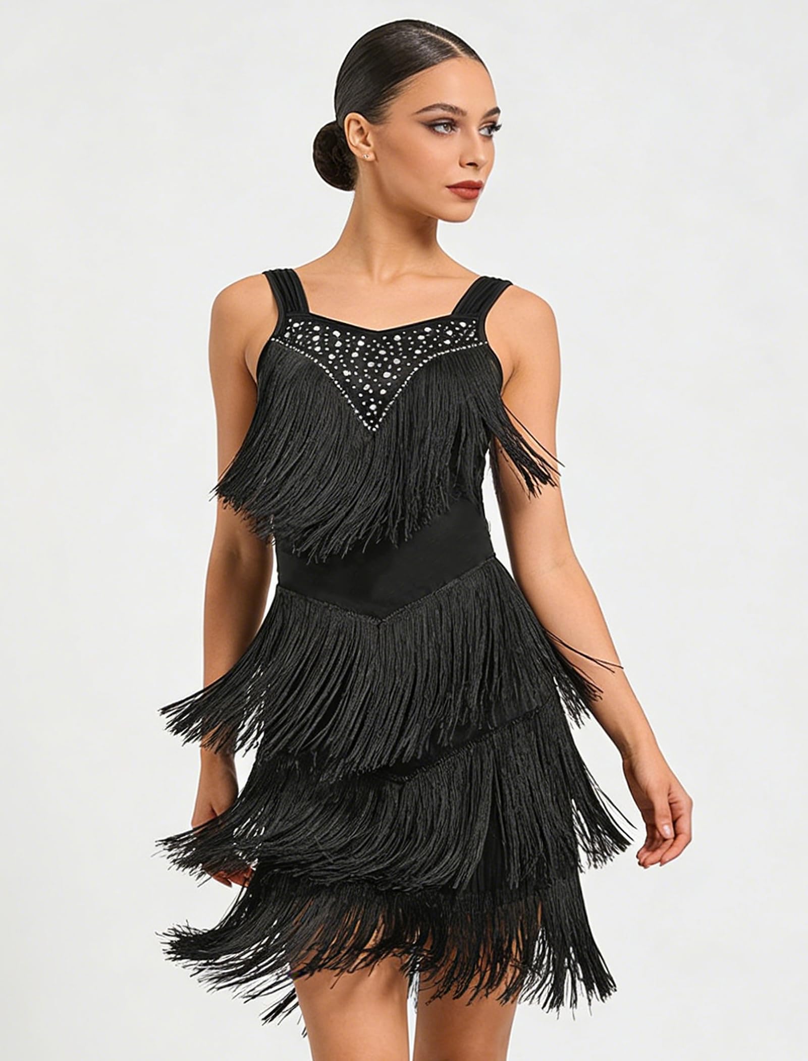 Latin Tanzkleid Damen Tanzkleid mit Fransen Salsa Kleid Damen Ballroom Kleid Damen - Sexy Glitzer Lateinkleid Kurz für Rumba Cha Cha Wettbewerb Training Party